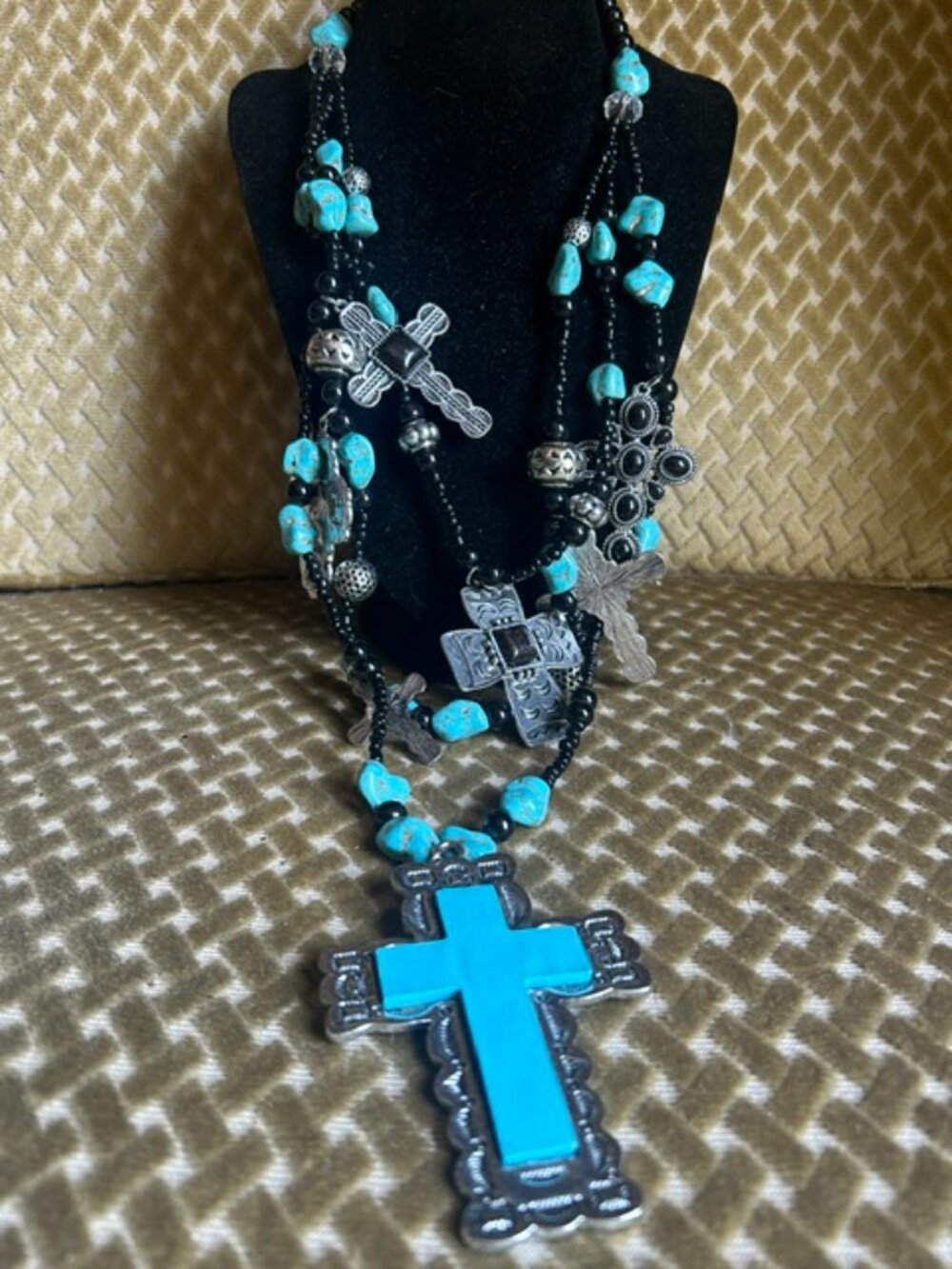Hand Made Multiple Strand Faux Turquoise Silver Onyx Cross BoHo Necklace NEW